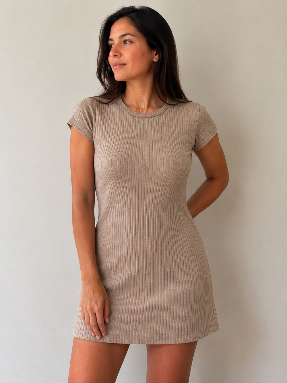 Ribbed Short Sleeve Knit Dress - Taupe